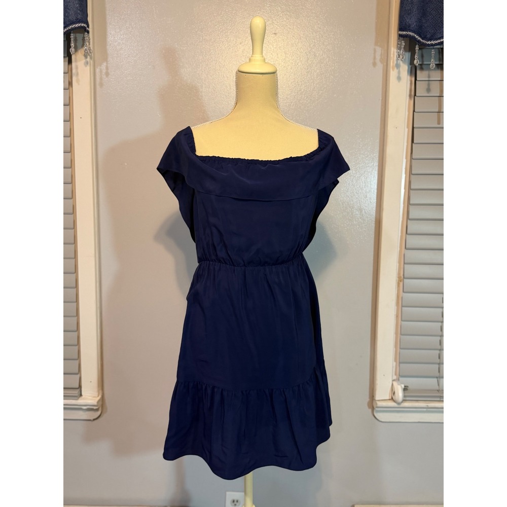 Club Monaco Navy Silk Off Shoulder Dress Romantic Minimal Size 00